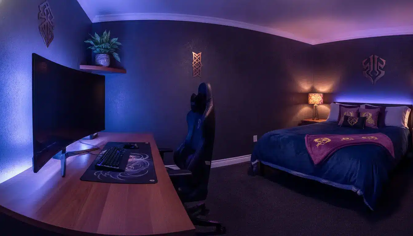 Gaming setup with curved monitor and chair in a moody bedroom with blue lighting