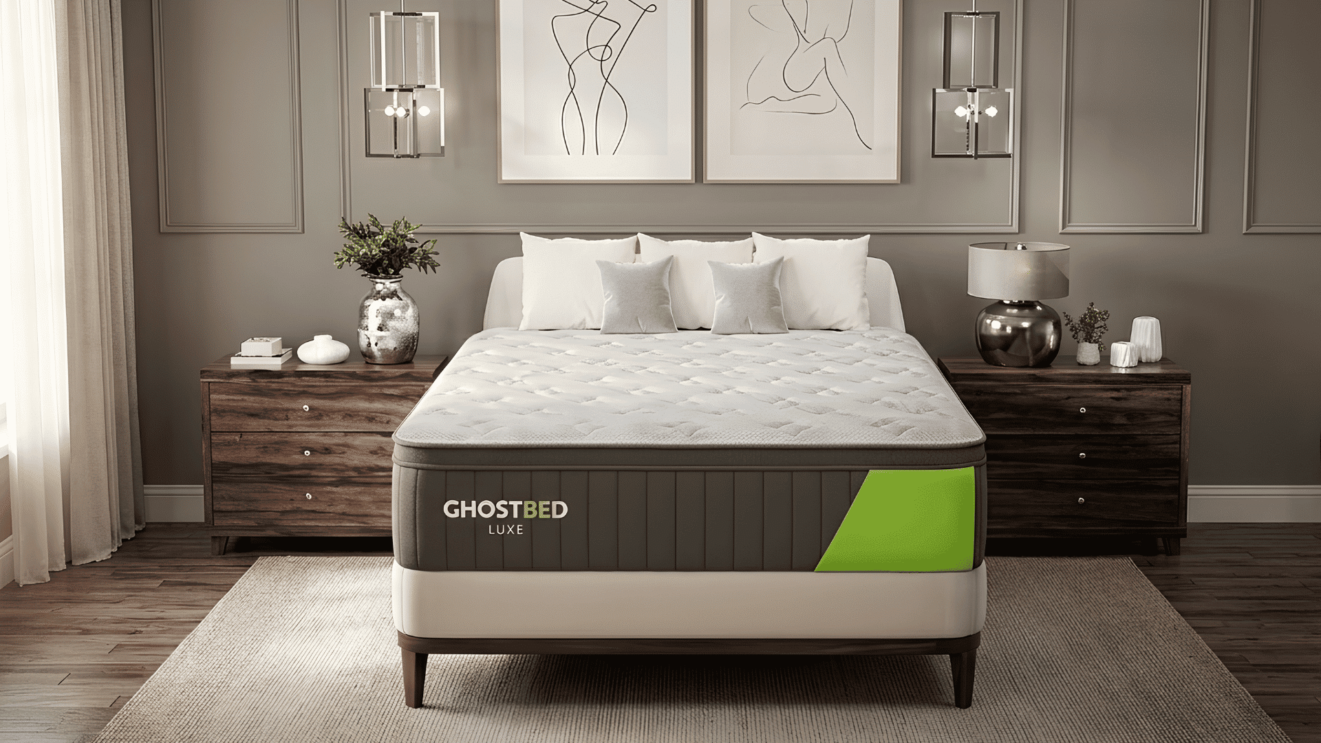 GhostBed Luxe memory foam mattress displayed in a stylish contemporary bedroom