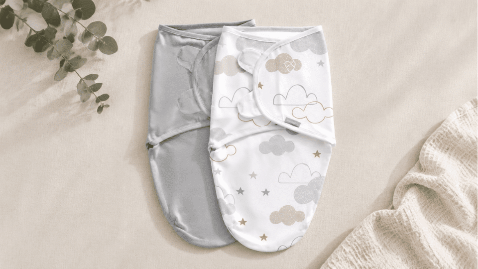 gray and patterned swaddleme original swaddles arranged on a neutral background