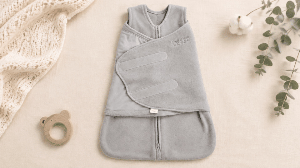 gray halo sleepsack swaddle displayed on a minimal cream fabric background