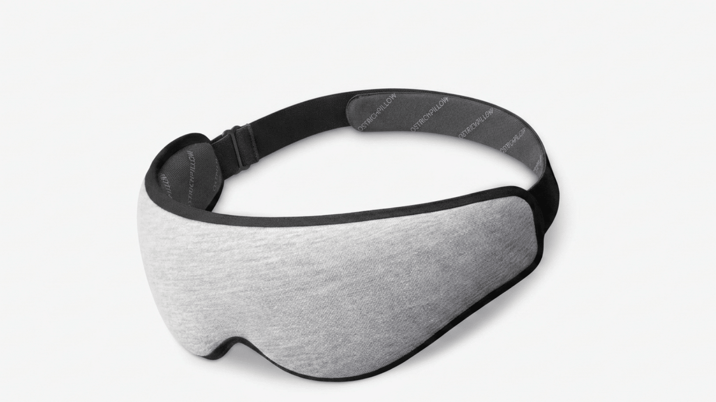 gray Ostrichpillow sleep mask with a structured front panel and wide adjustable black strap laid out