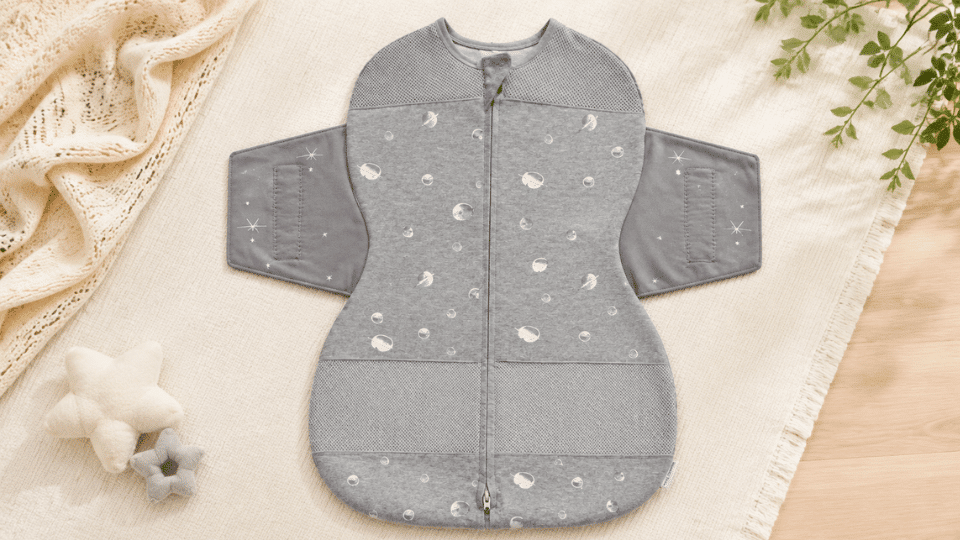 gray snoo sack displayed flat with side wings open against a minimal background