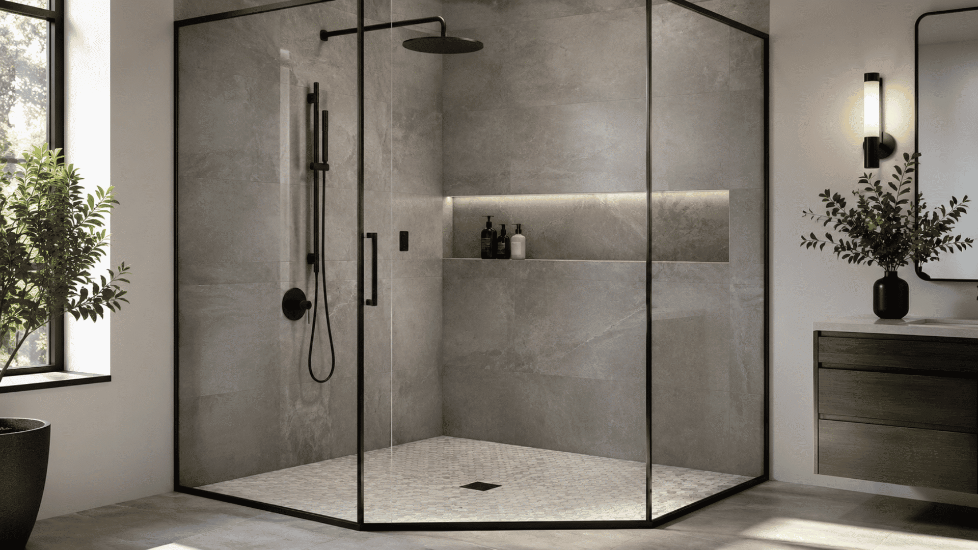 gray tiled shower with black framed glass, rainfall head, and mosaic floor