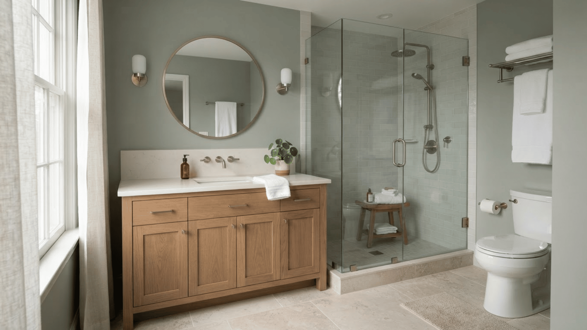 green-gray bathroom with wood vanity, glass shower, white tile, and soft lighting