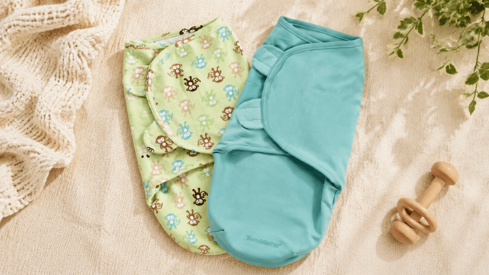 green patterned and aqua swaddleme wraps arranged on a soft woven background