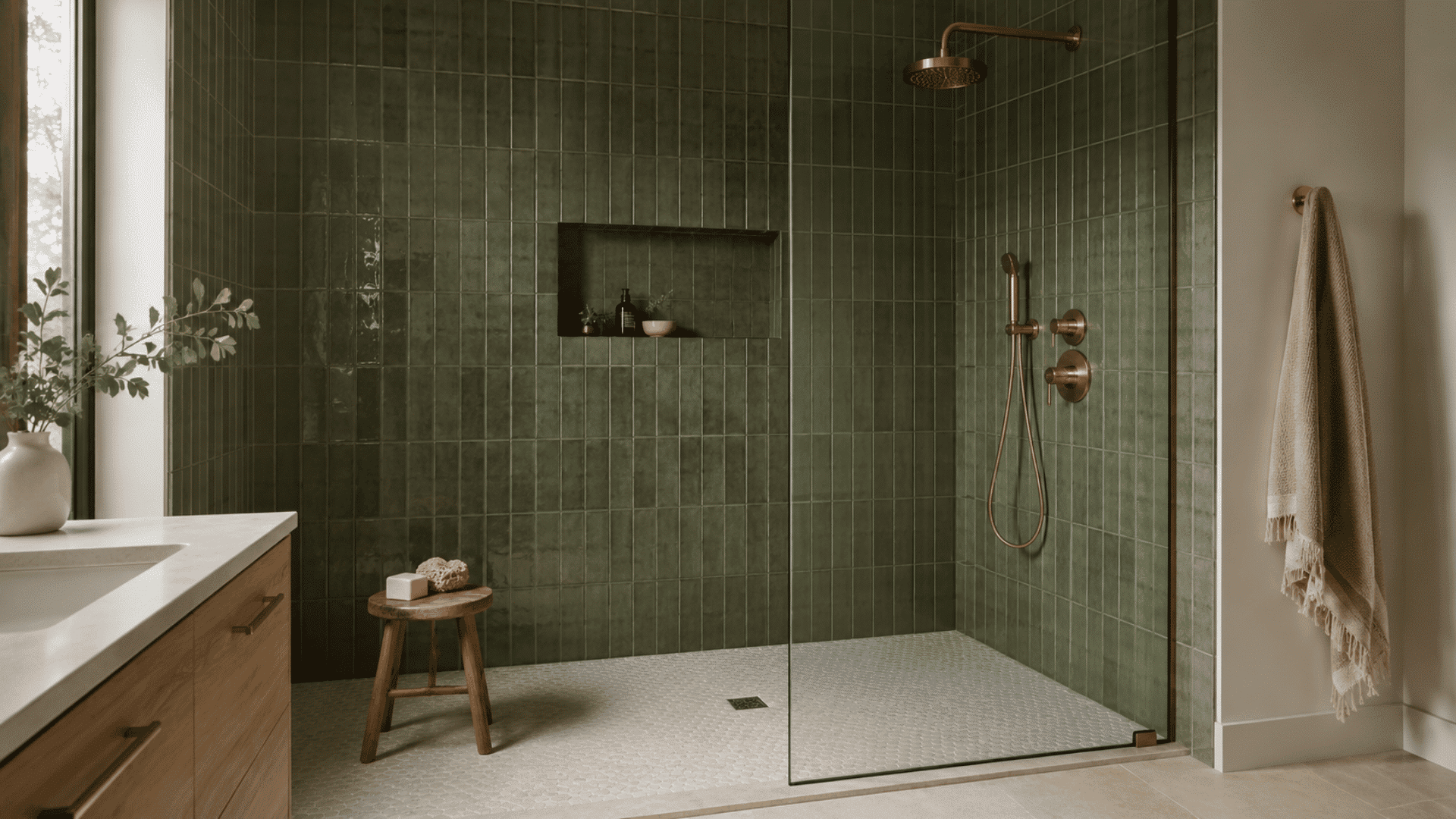 green vertical subway tile shower with brass fixtures and white mosaic floor