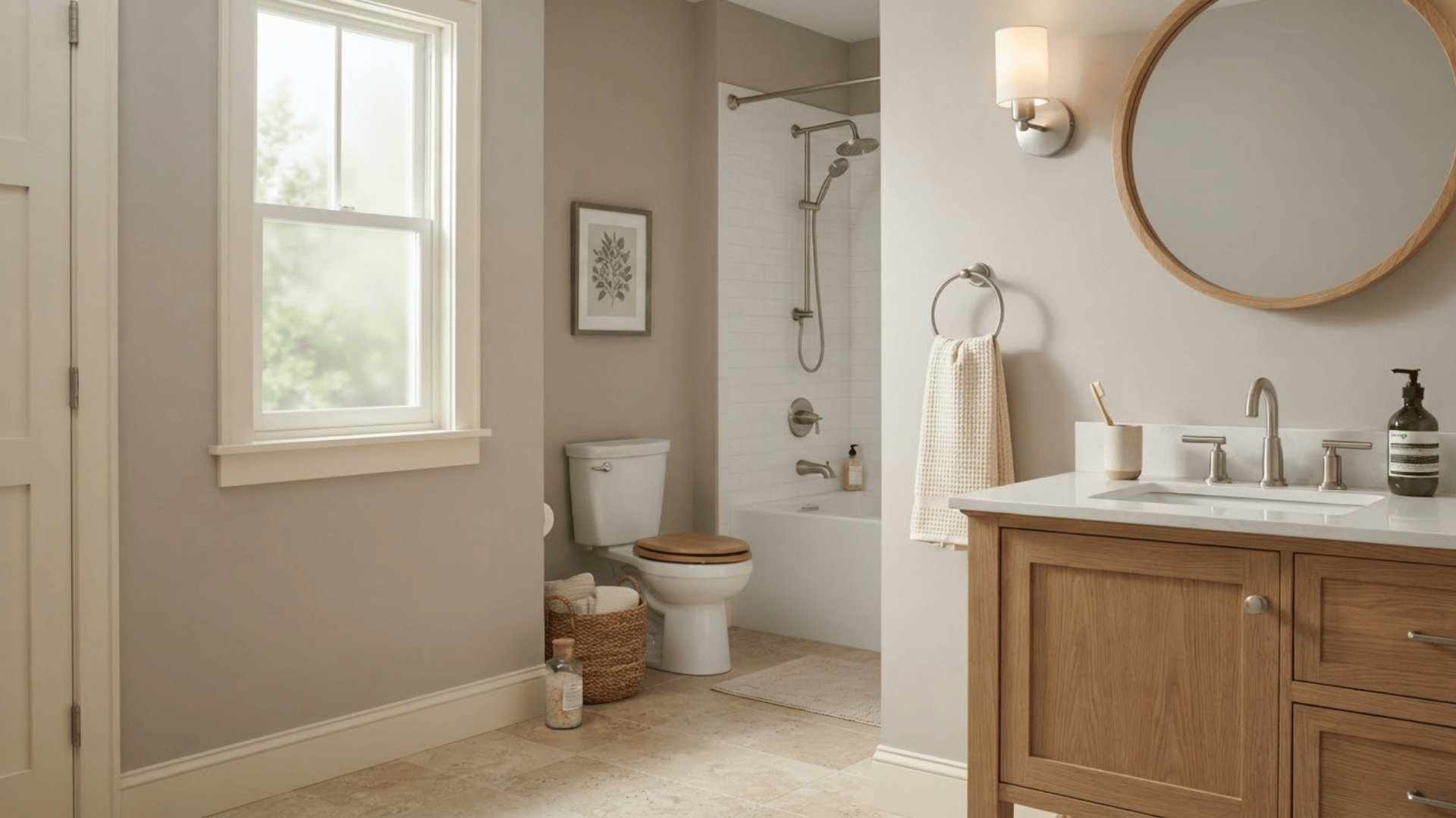 greige bathroom with wood vanity, white tile, round mirror, and warm lighting