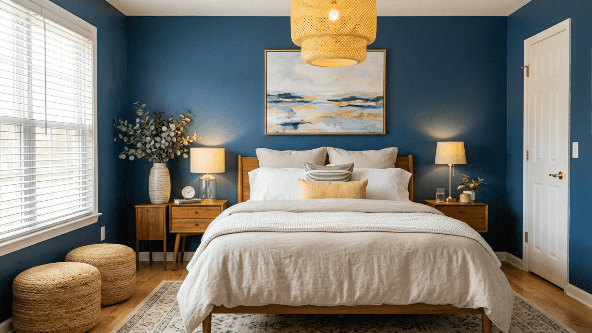 Guest bedroom with navy walls, white bedding, wood furniture, and woven accents