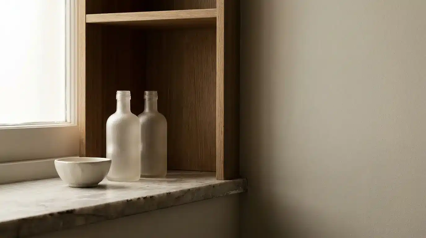 Frosted glass bottles and a ceramic bowl on marble windowsill in minimalist setting