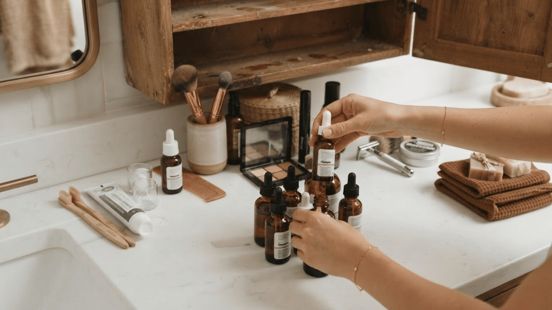 hands grouping skincare, dental, grooming, and hair products on a bathroom counter