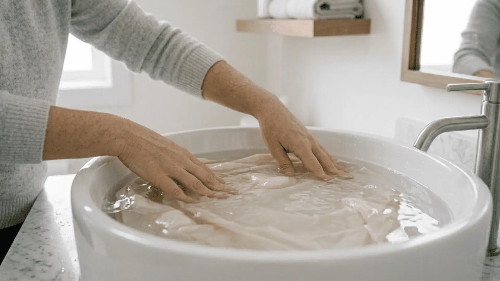 Hands rinsing a pillowcase in a basin of water