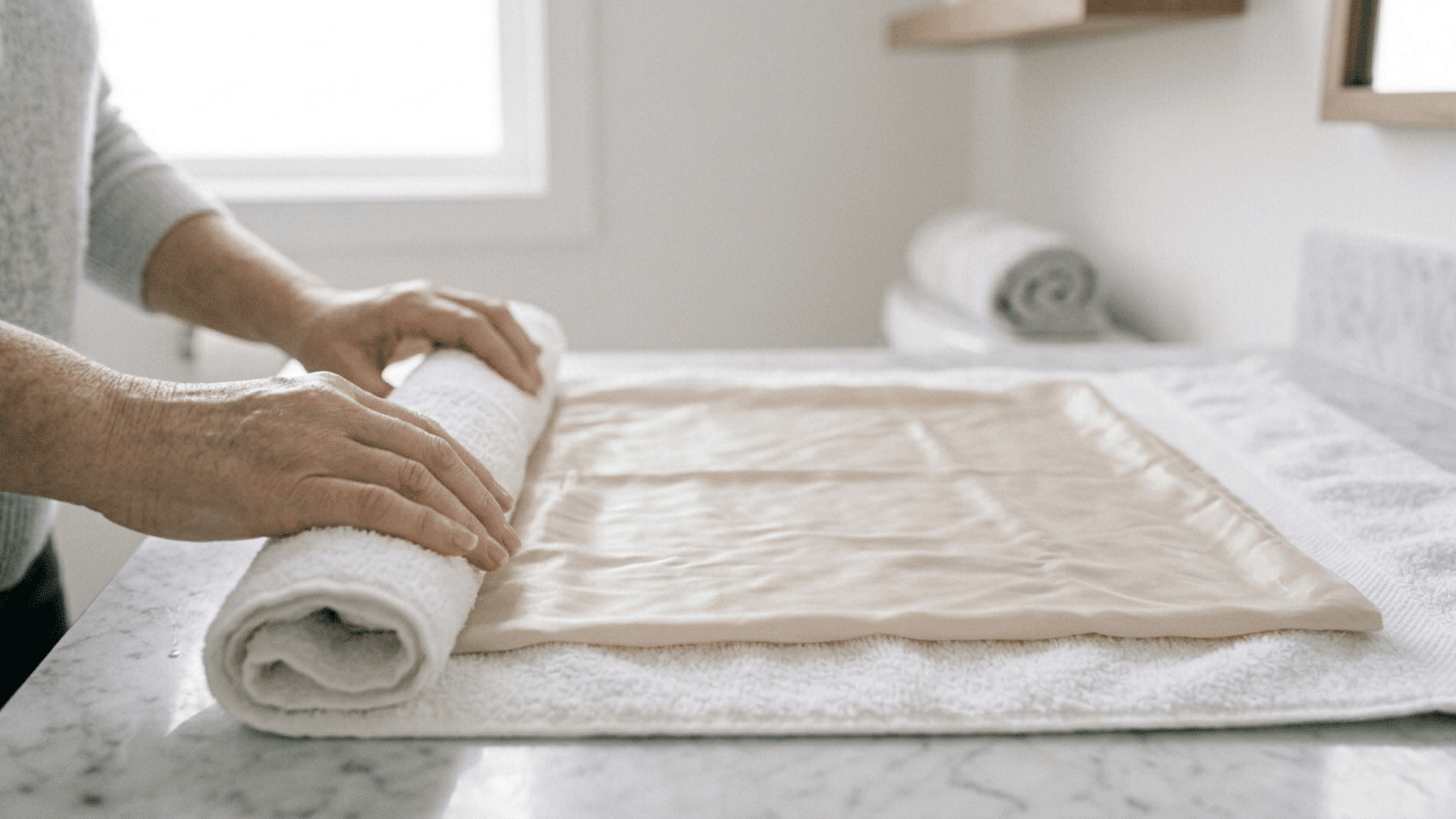 Hands rolling a wet pillowcase in a towel to remove excess water