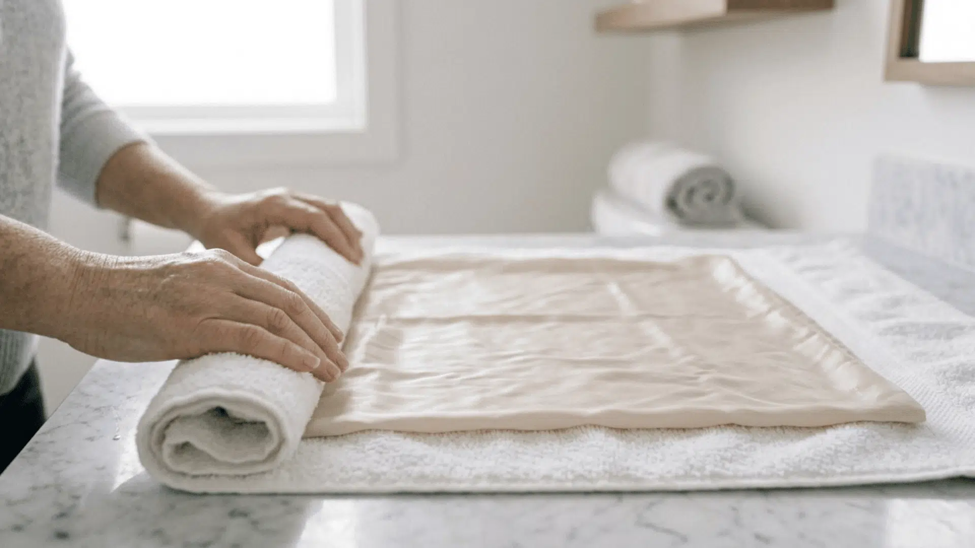 Hands rolling a wet pillowcase in a towel to remove excess water