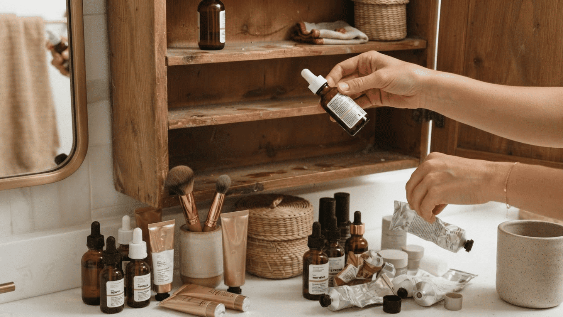 hands sorting used and unwanted toiletries beside an emptied wooden bathroom cabinet