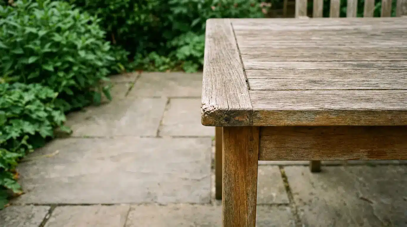 Weathered wooden table in a patio garden with green plants and stone paving