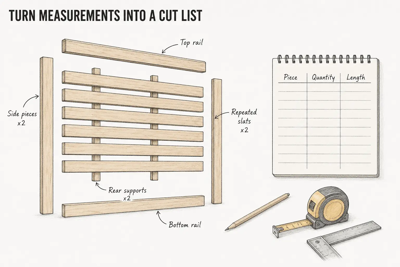 Wooden bed frame assembly diagram with labeled parts next to notebook and measuring tools