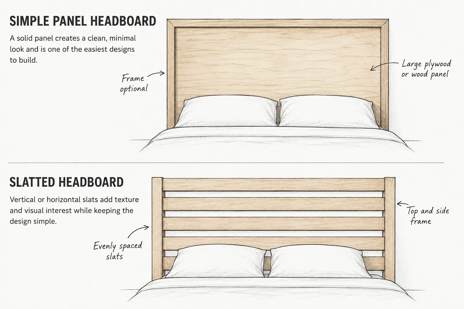 Simple panel and slatted headboard designs with pillows on a bed in sketch style illustration