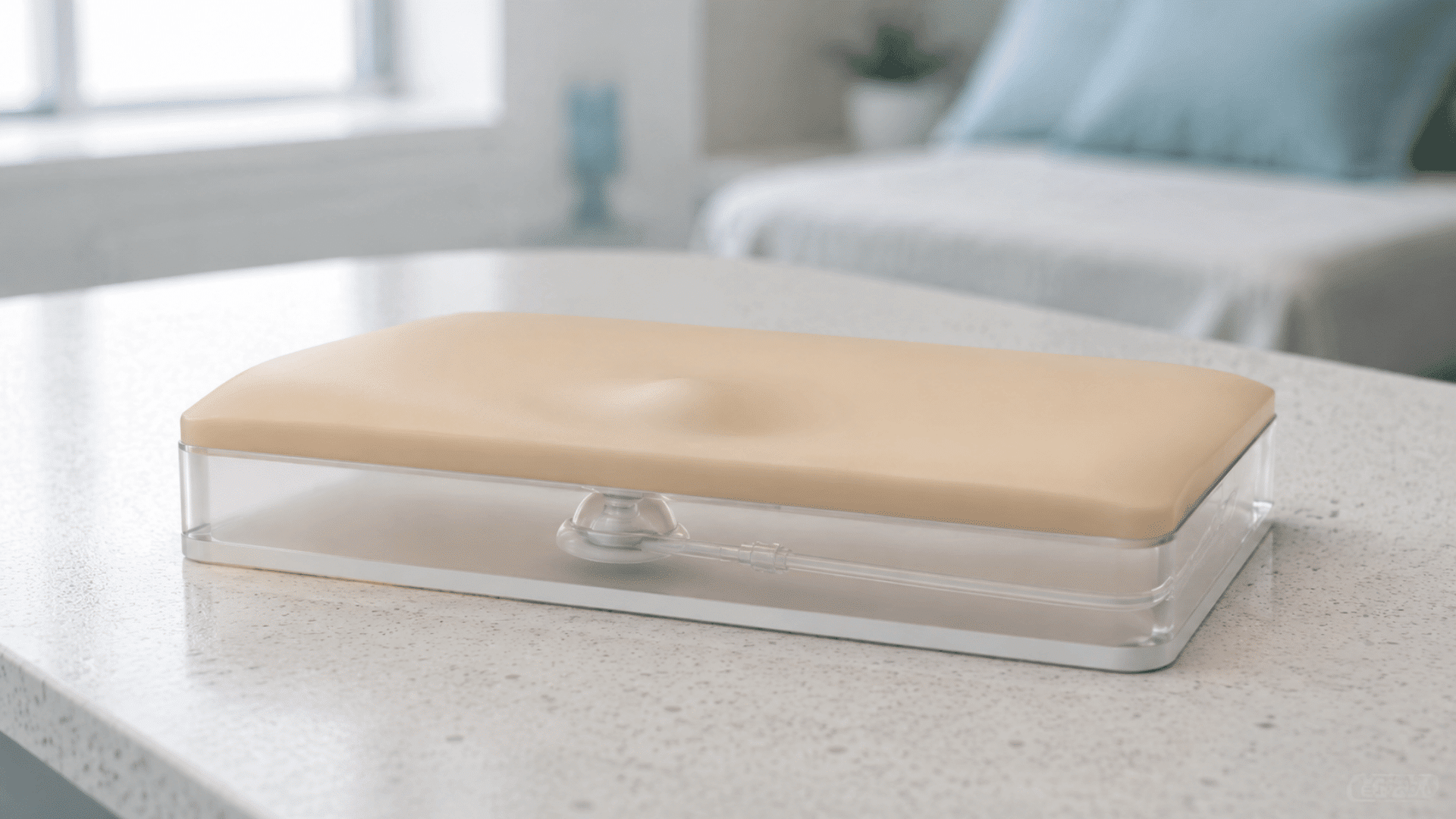 healed port model beneath a smooth silicone pad on a clear base near a made bed.