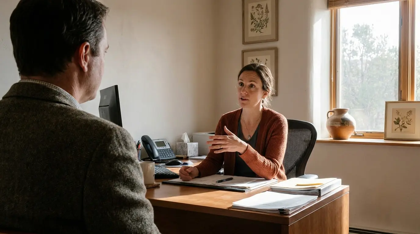 Conversation between two people in a sunlit office with framed botanical prints