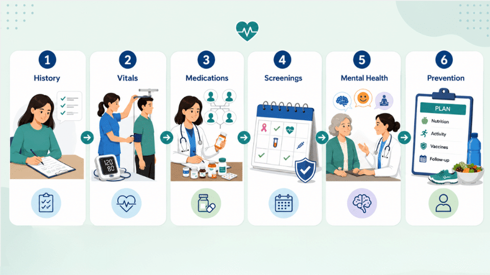 healthcare wellness visit infographic showing six preventive care steps from health assessment to personalized prevention plan