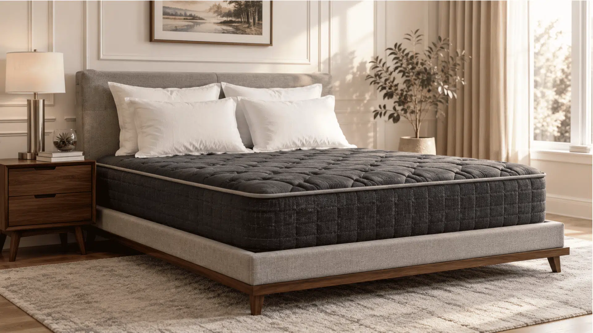 dark quilted helix mattress on a wood platform bed with white pillows