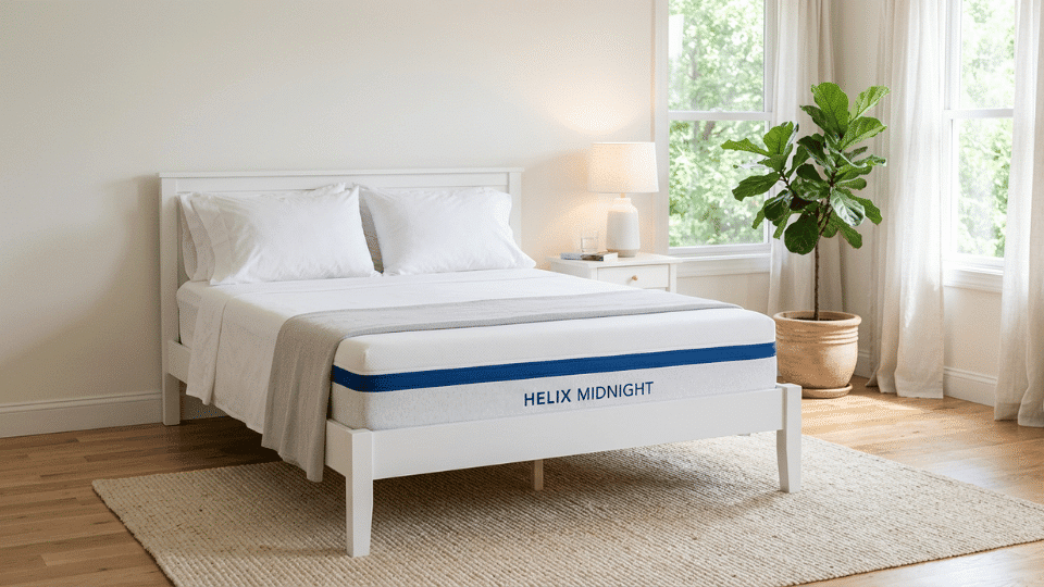 Helix Midnight mattress in a bright minimalist bedroom