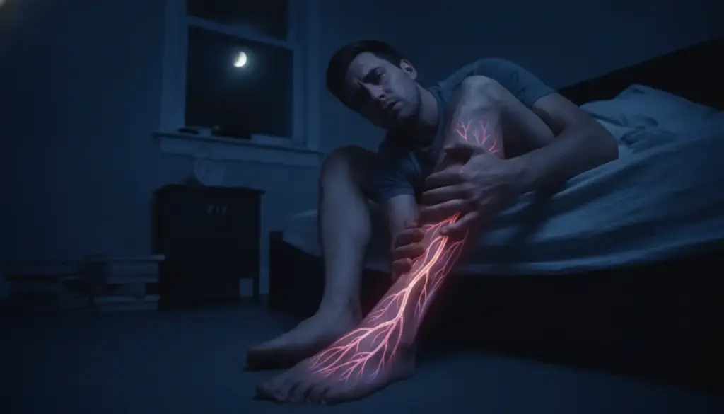 Man sitting on bed at night holding illuminated knee in dark room