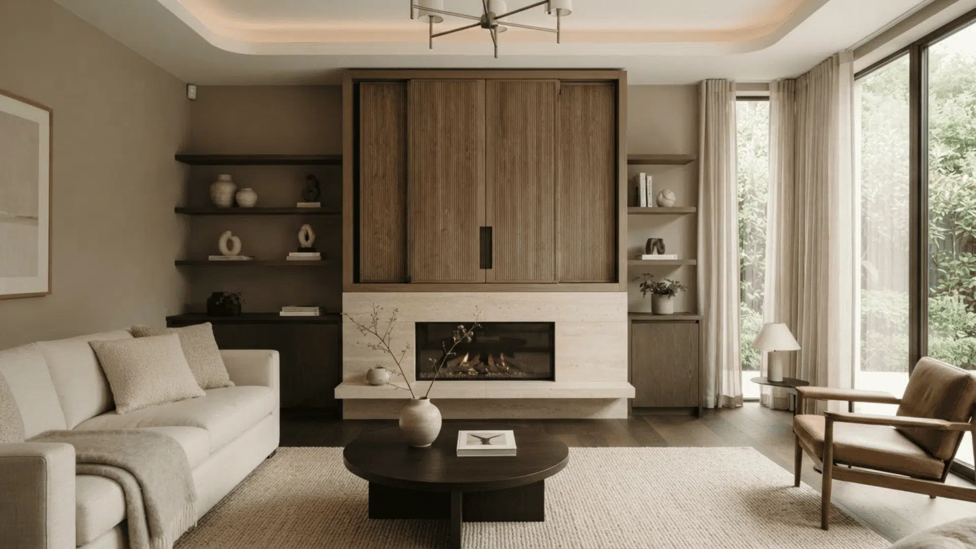 hidden TV above a modern fireplace with built-in cabinetry and warm neutral decor