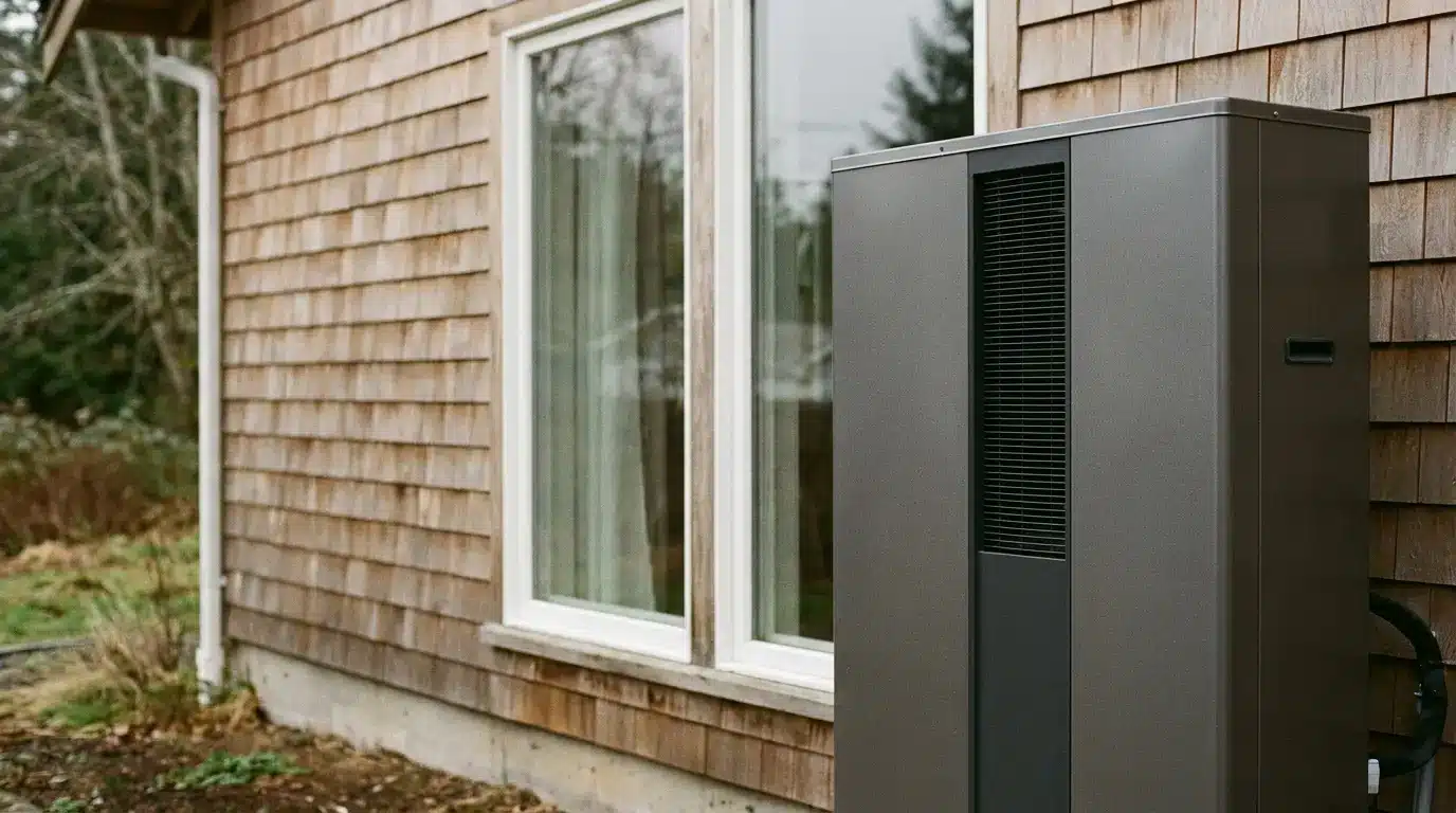 Heat pump system installed outside a wooden house with large windows