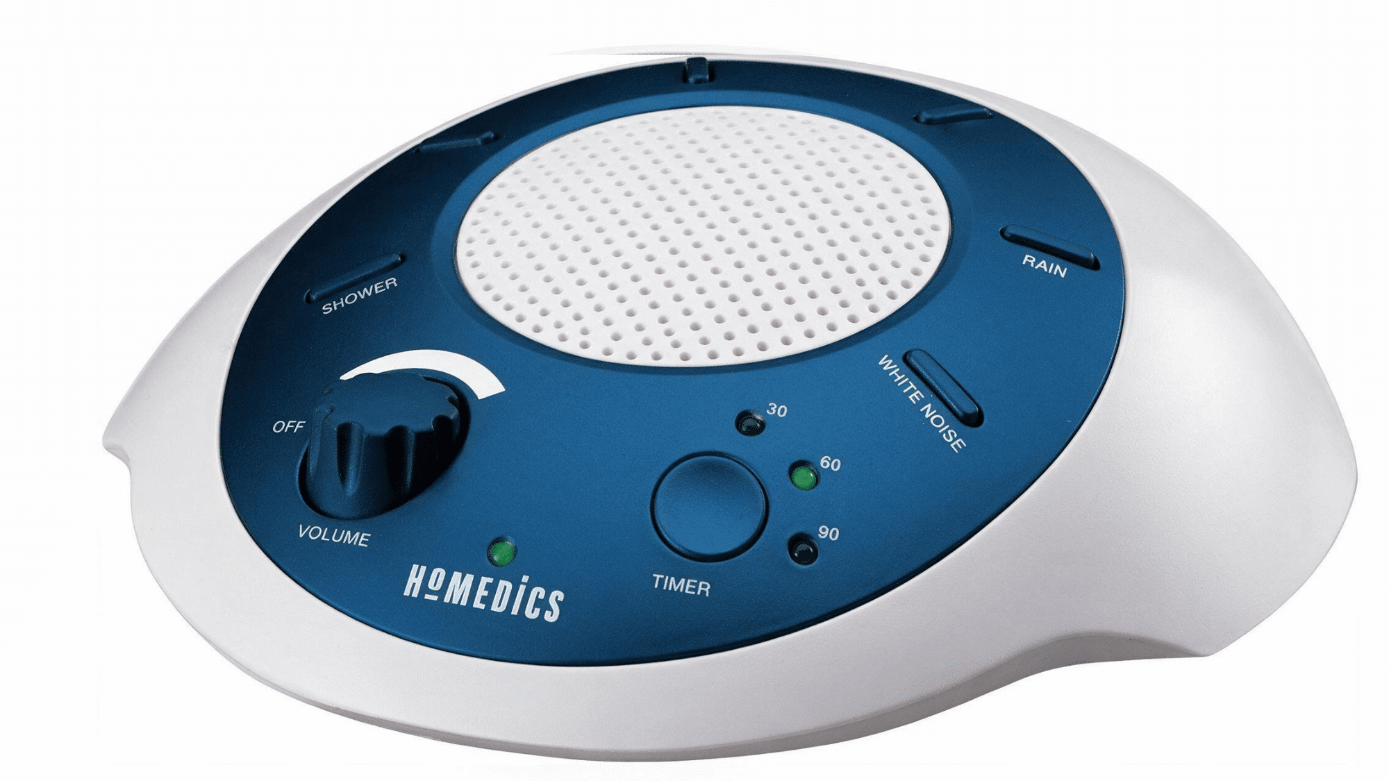 homedics soundsleep machine with oval design, blue control panel, volume dial, timer settings, and speaker grille on a clean background