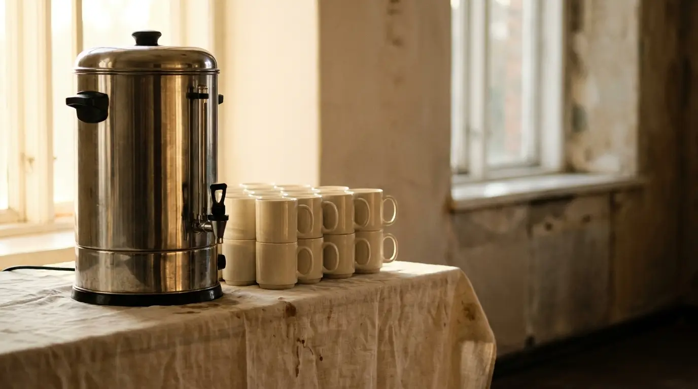Stainless steel coffee urn and stacked white mugs on a linen-covered table in a bright room