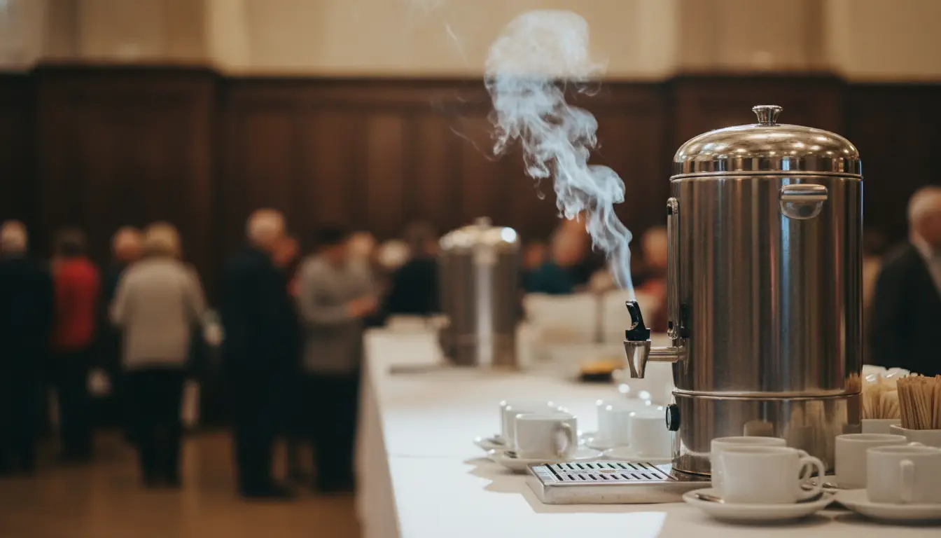 Coffee urn with steam on a conference table surrounded by cups and people mingling