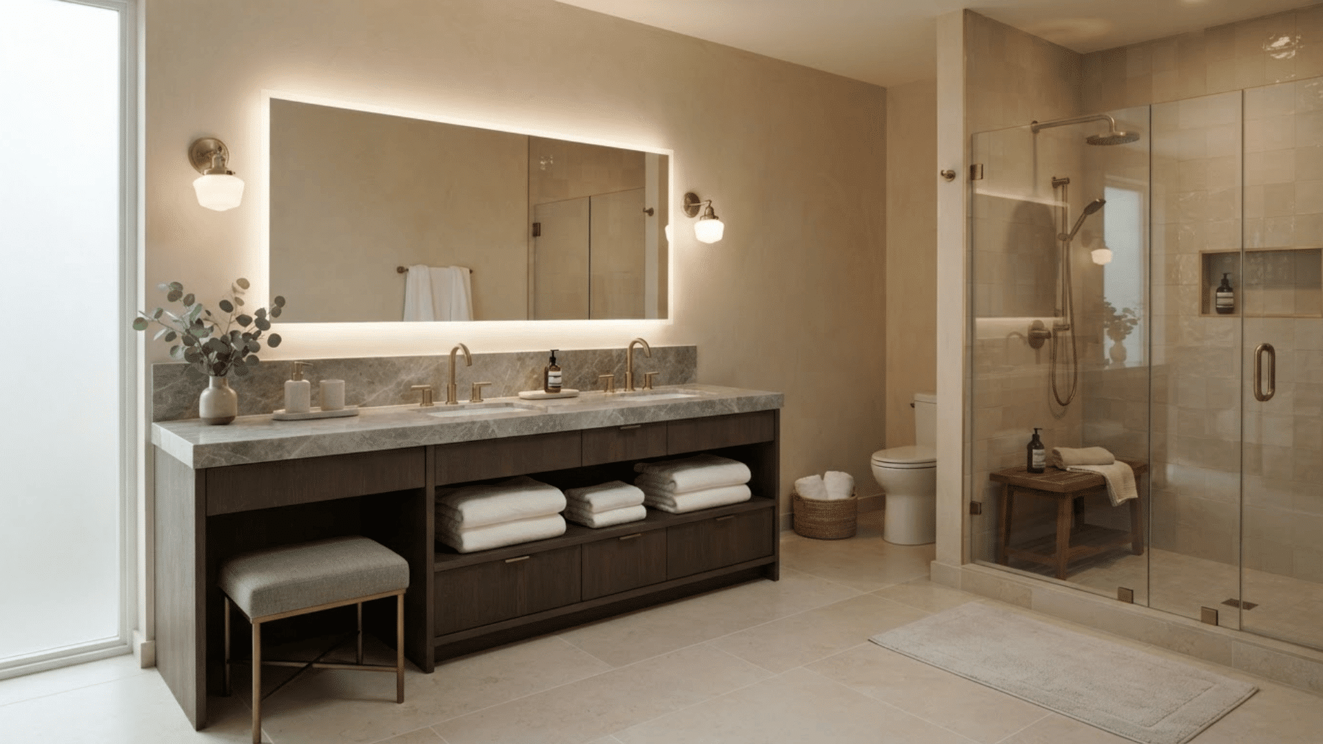 hotel-inspired luxury bathroom with wood vanity, freestanding tub, glass shower, and towels