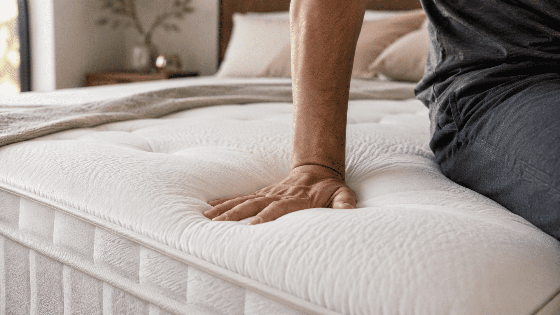hand pressing into a white plush mattress showing soft cushioning and quilted surface texture