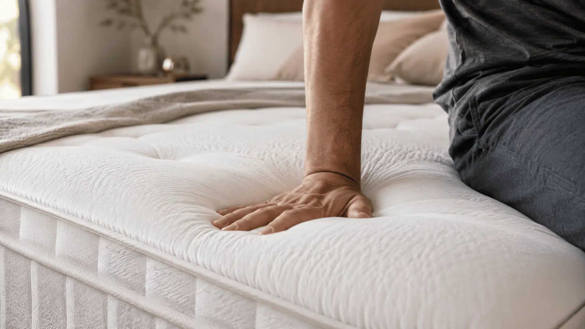 hand pressing into a white plush mattress showing soft cushioning and quilted surface texture