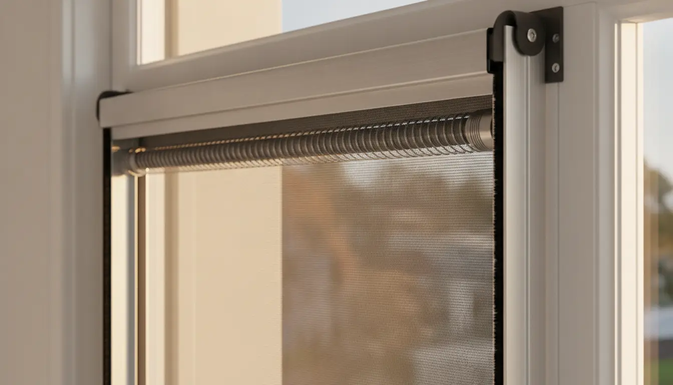 Retractable insect screen with metal roller in modern window frame in warm sunlight