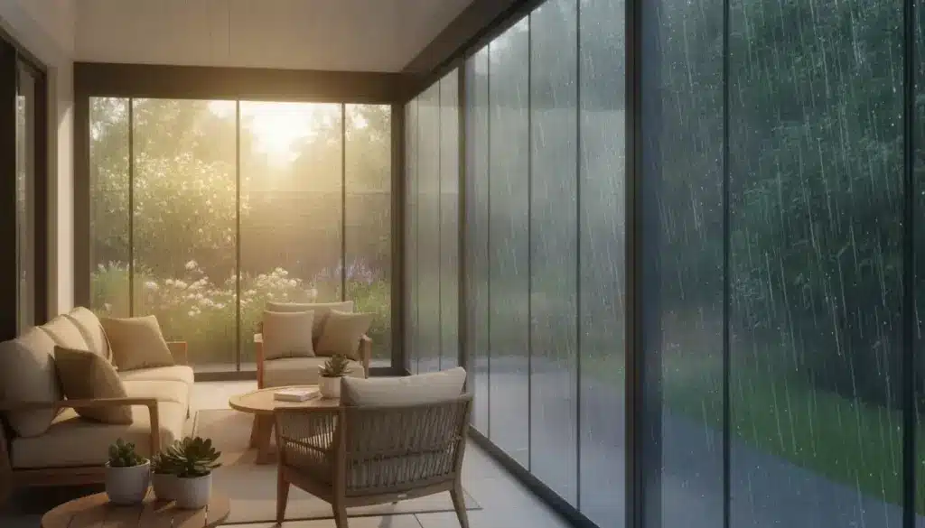 Sunlit enclosed patio with beige sofas and wooden tables during rainstorm
