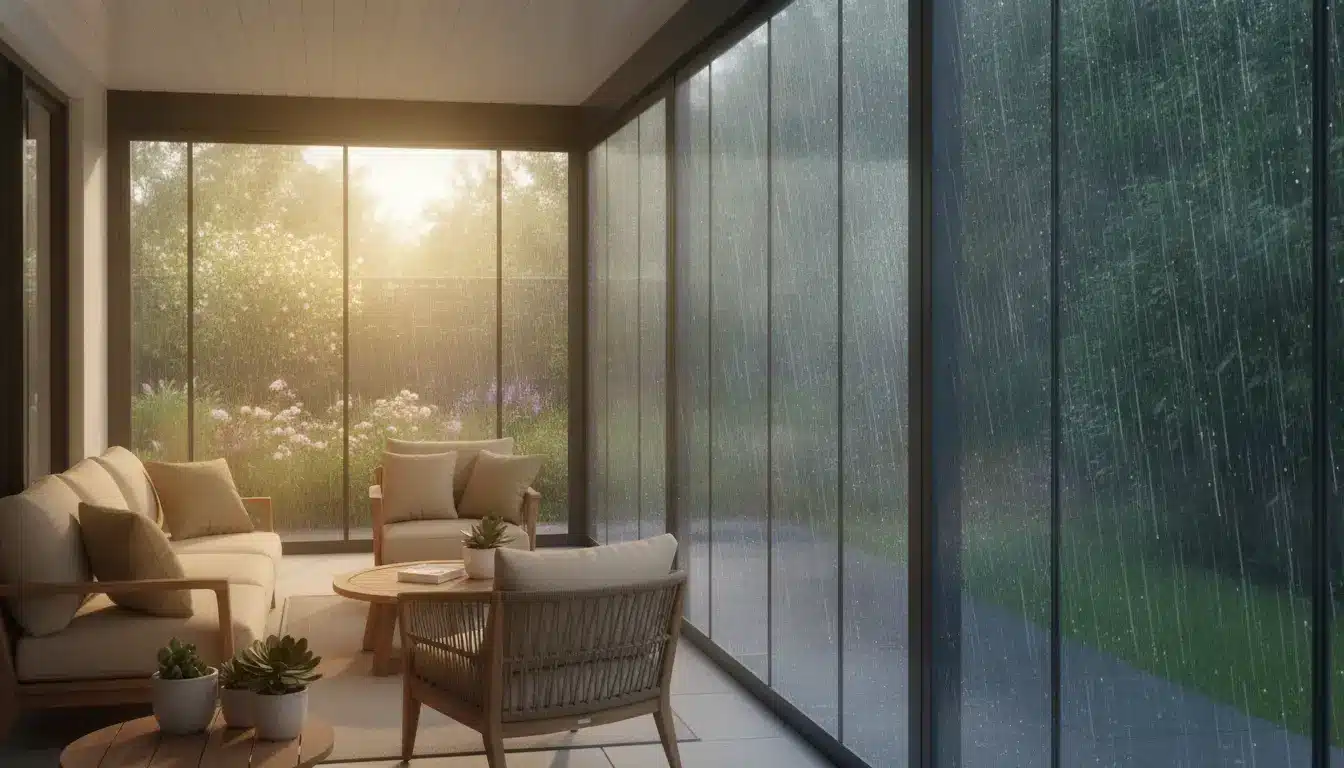 Sunlit enclosed patio with beige sofas and wooden tables during rainstorm