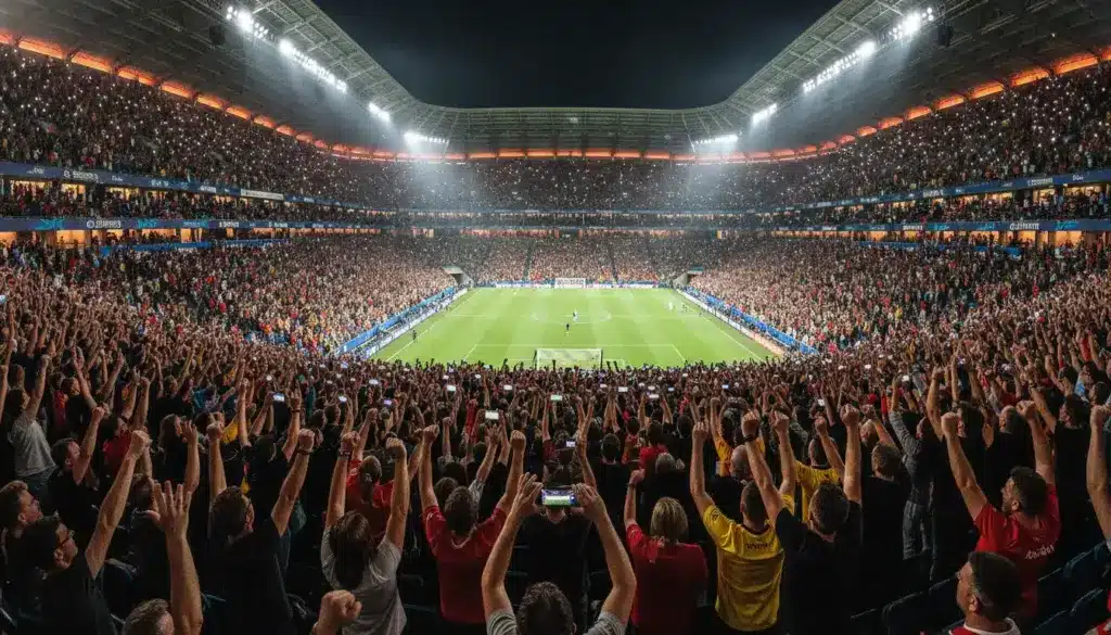 Massive crowd cheering in a brightly lit soccer stadium during a night match