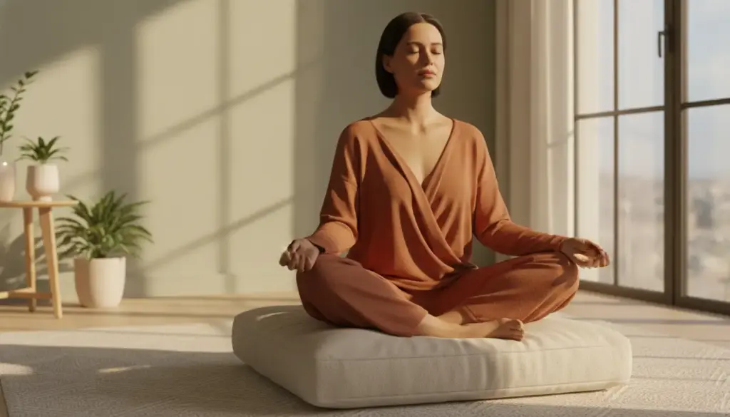 Woman meditating in a sunlit room with potted plants and large windows