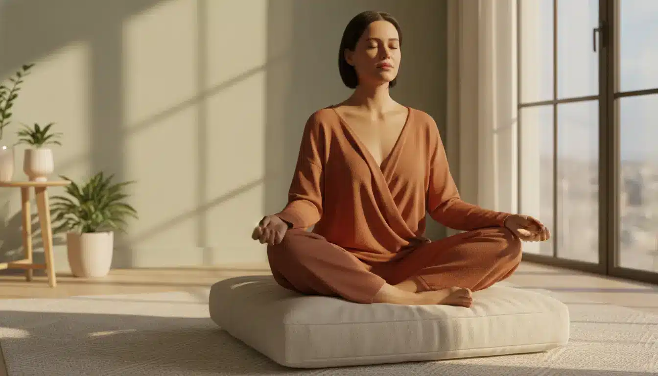 Woman meditating in a sunlit room with potted plants and large windows