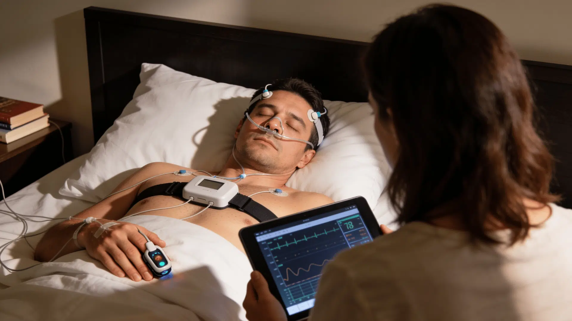 sleep technologist monitoring a patient during an overnight sleep study