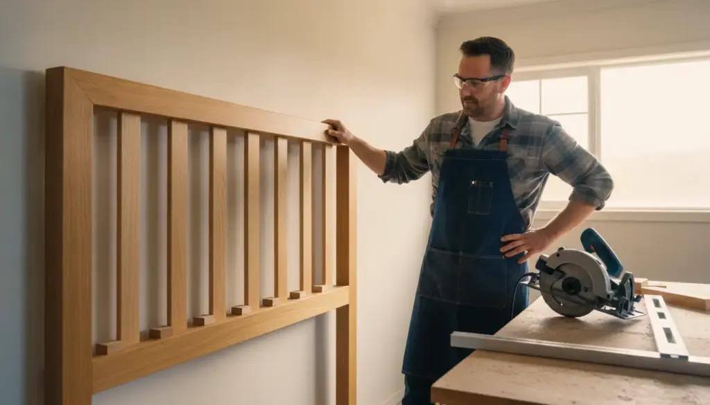 Woodworker examining wooden bed frame in workshop with circular saw on workbench nearby