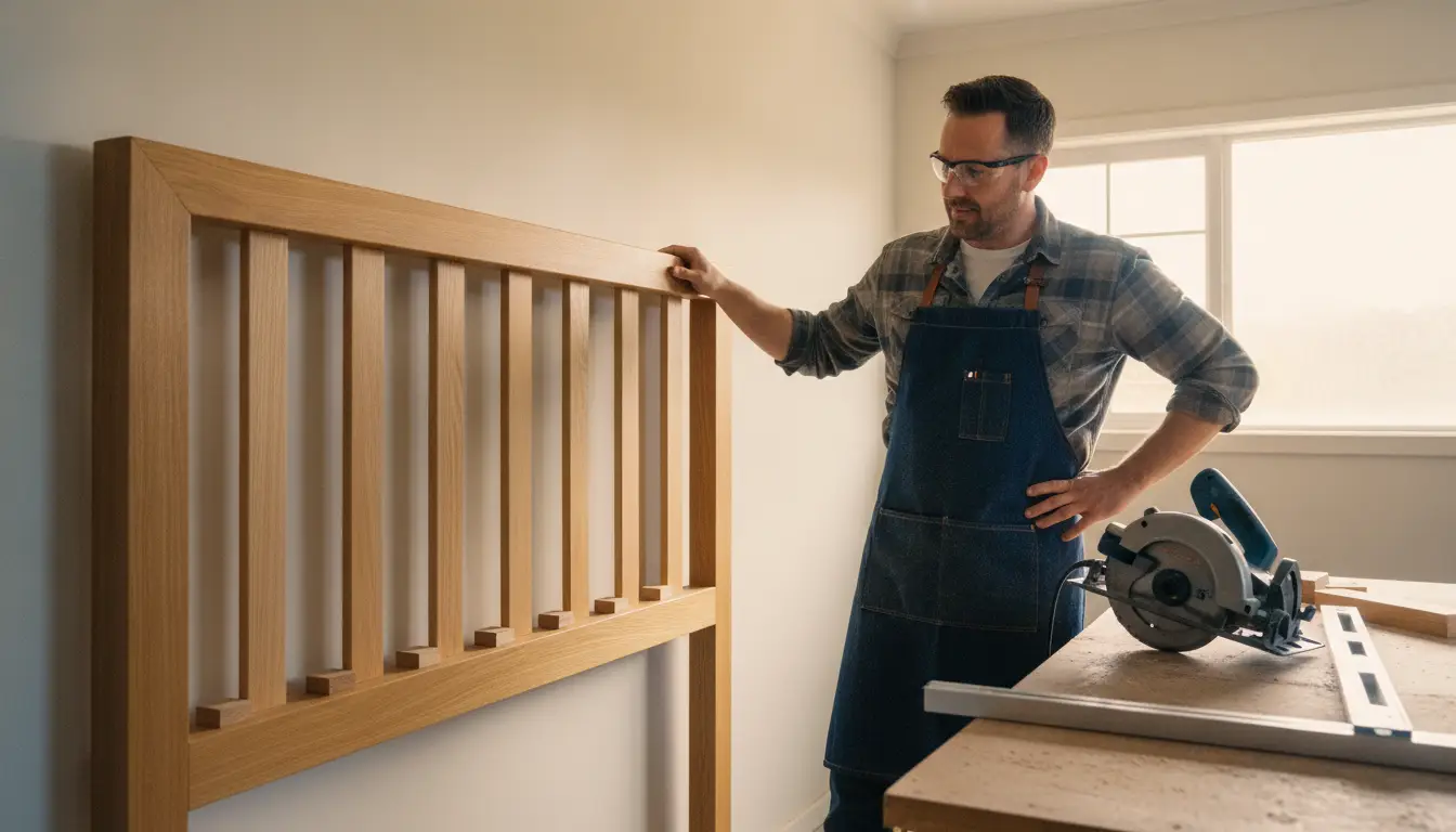 Woodworker examining wooden bed frame in workshop with circular saw on workbench nearby