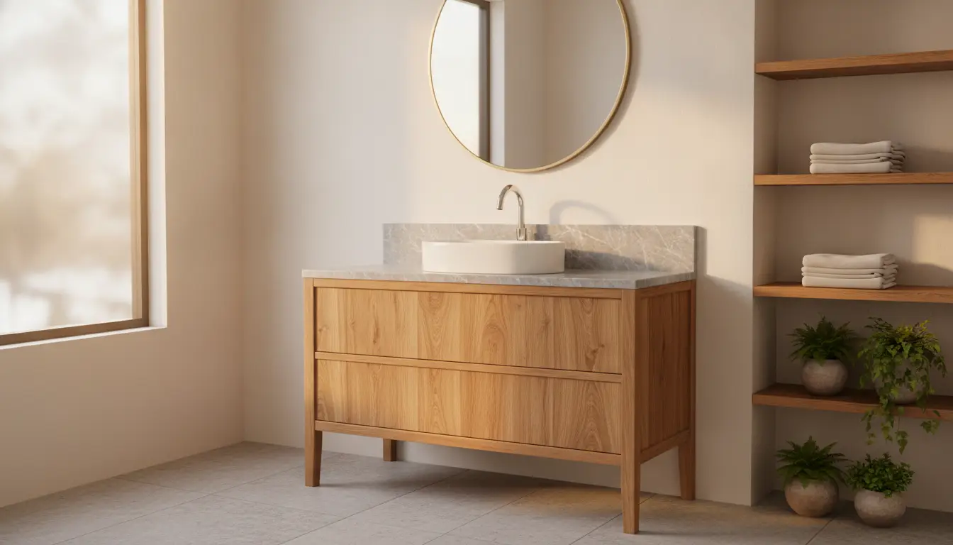 Wooden bathroom vanity with marble countertop and round mirror in bright, minimalist setting