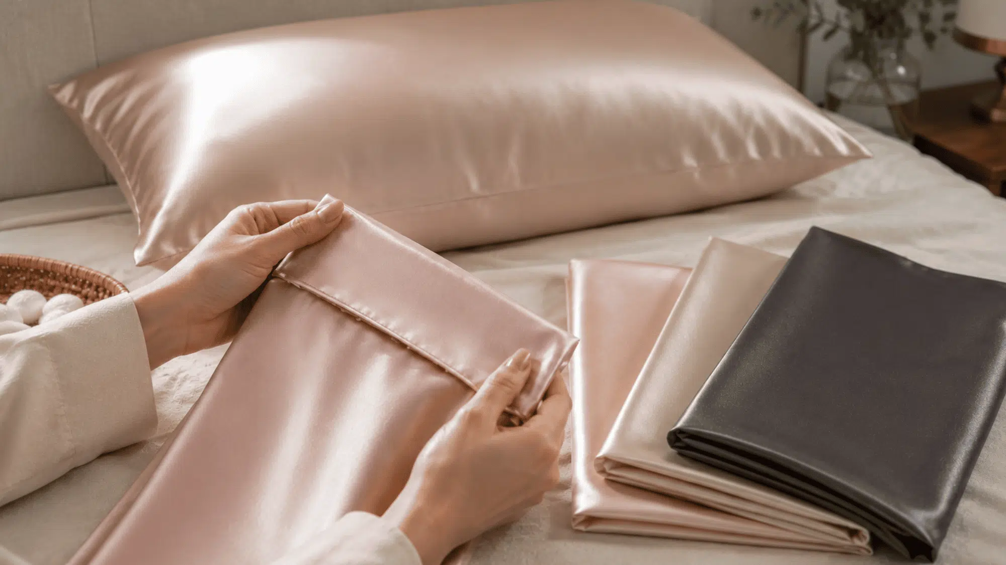 Hands holding a silk pillowcase beside satin pillowcases and a silk-covered pillow on a bed.
