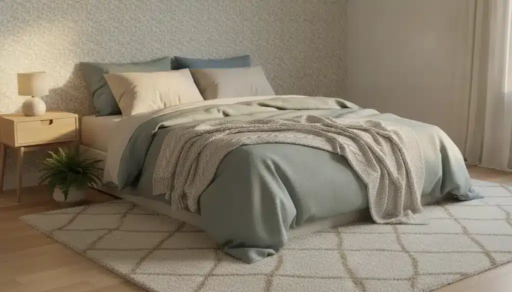 Cozy bedroom with green bedding, wooden nightstand, and potted plant in soft natural light