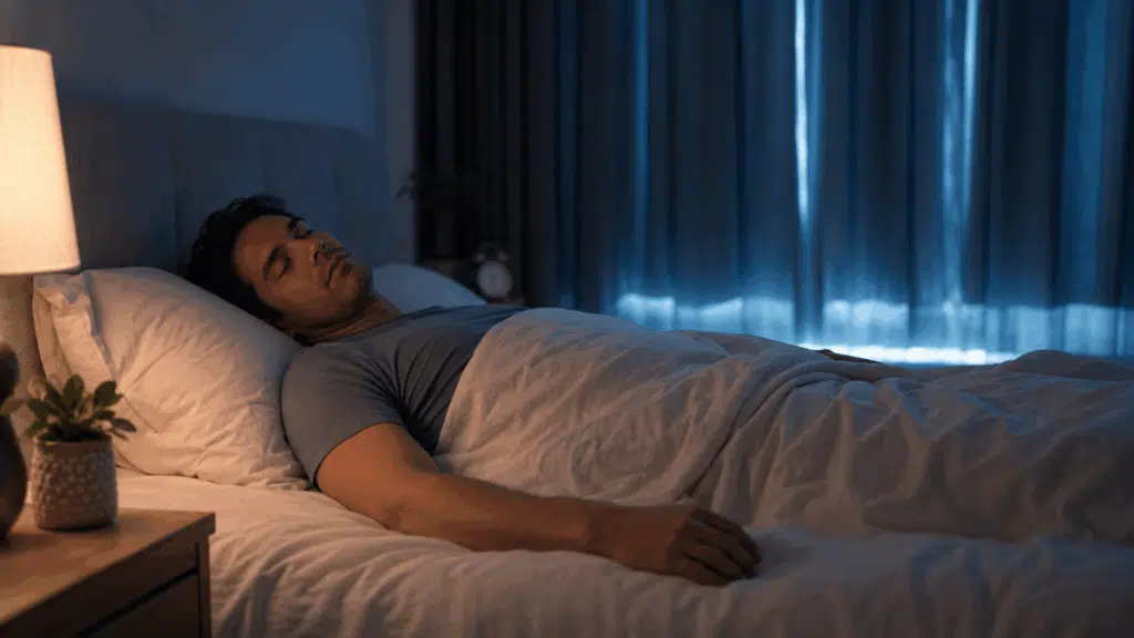 man sleeping peacefully in bed in a softly lit bedroom at night