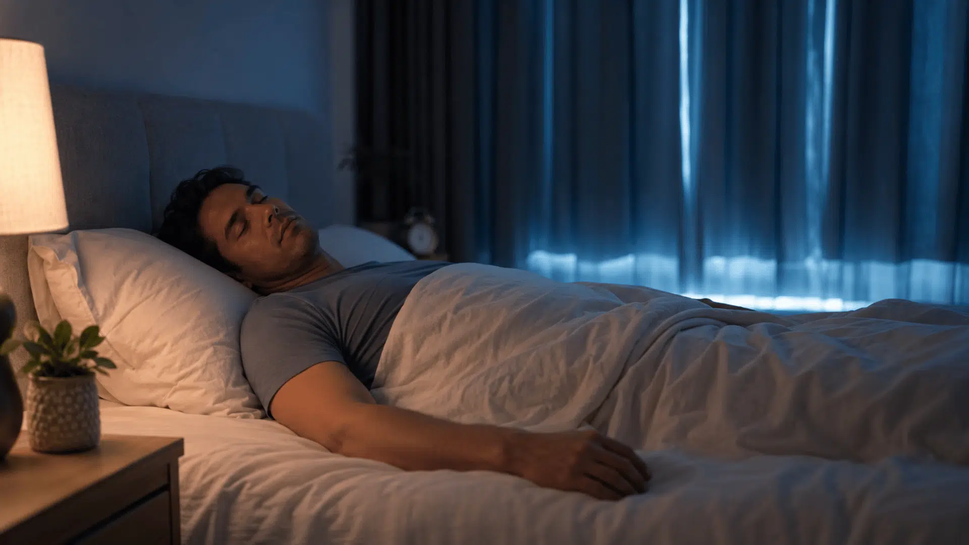 man sleeping peacefully in bed in a softly lit bedroom at night