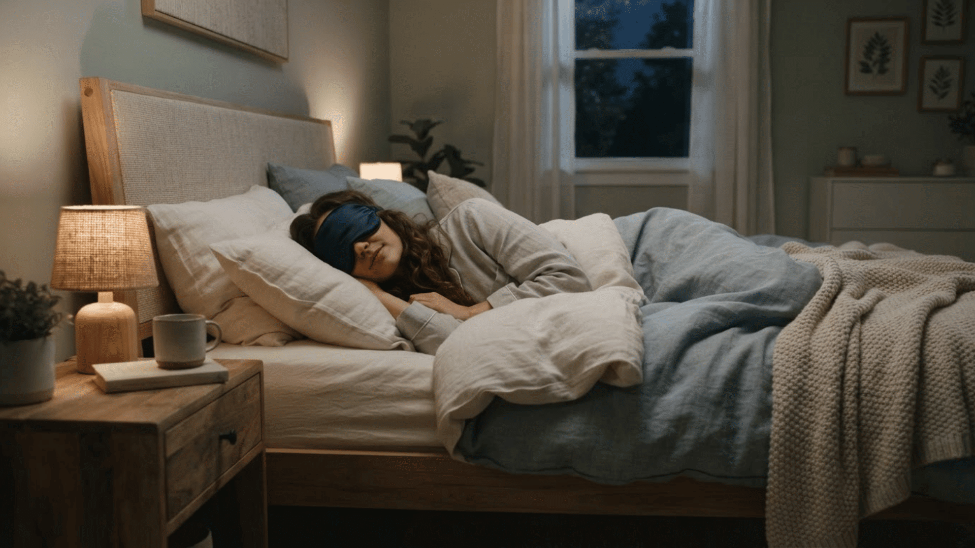 Woman sleeping peacefully in a cozy, dimly lit bedroom wearing a sleep mask.